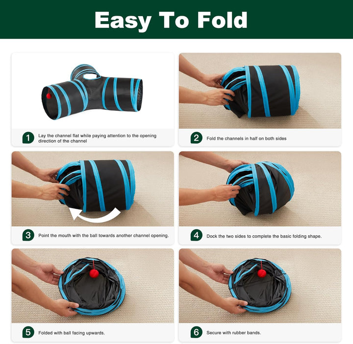 Cat Tunnel Tube Toys 3 Way Collapsible, Cat Tunnels for Indoor Cats，Kitten Tunnel Bored Pet Play Tunnel with Peek Hole Toy Ball for Kitty, Kitten, Rabbit, Puppy Blue