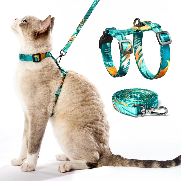 Cat Harness and Leash Set - Escape Proof Adjustable Cat Harness, Comfortable Soft Lightweight, Use Safe & Easy, Walking Travel Kitten Harness for Small Medium Large Cats (Hawaii Green)
