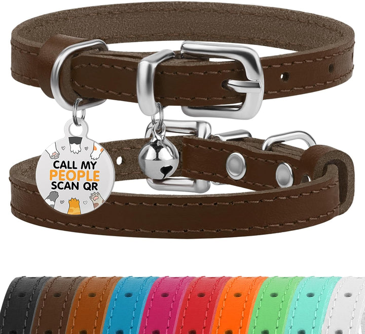 Leather Cat Collar with Removable Bells Non Breakaway Kitten QR Tag for Girl Boy (7" - 9" for Cats, Black & Gold)