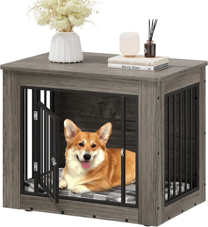 27.2" L Dog Crate Furniture for Medium Dogs, 2-In-1 Iron-Wood Fusion Dog Cage Indoor up to 30 Lb, Side End Table, Modern Dogs Kennel with Waterproof Top, Safety Corners,Steel Lock,Rustic
