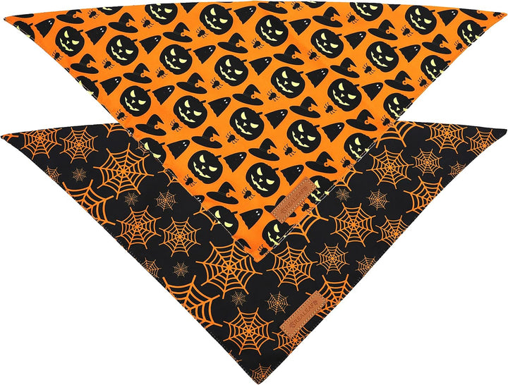 Halloween Dog Bandanas 2 Pack, Pumpkin and Spider Web Bibs, Triangle Reversible Fall Pet Scarf, Premium Durable Fabric, Adjustable Fit (Large)