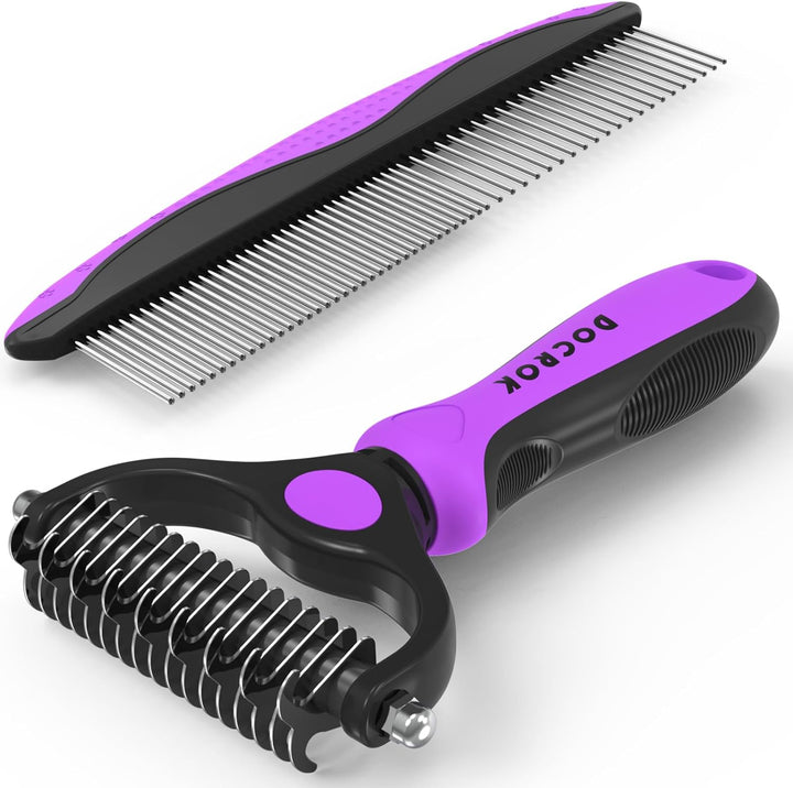 Pet Grooming Combo - Blue Deshedding Brush with Metal Comb for Detangling and Dematting Long, Matted Fur on Cats and Dogs