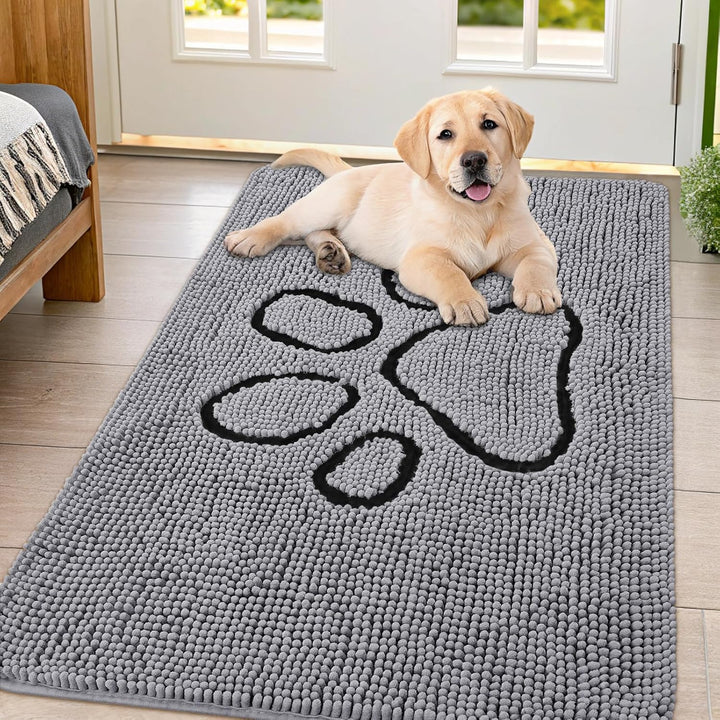 Dog Door Mat for Muddy Paws, Absorbent Dirt Trapper Non Slip Quick Dry Washable Chenille Mat for Mud Dogs, Entry Rug for Indoor and Outdoor (30X20 Inches, Grey)