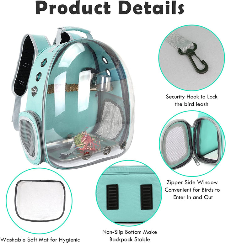 Bird Backpack Carrier with Perch, Portable Bird Travel Cage Bag, Clear Parrot Carrier Cockatiel Cage with Toy Stainless Steel Food Bowl Tray for Conures Parakeet Budgie Canary Lovebirds Small Animals