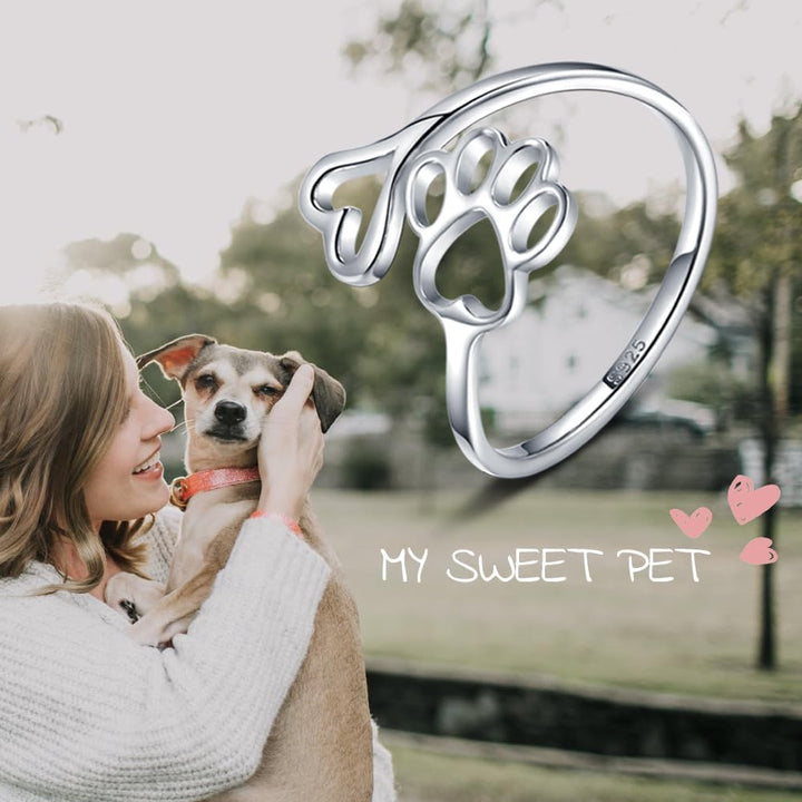Puppy Lovers Paw Print Heart 925 Sterling Silver Adjustable Ring - Pet Animal Jewelry Creative Pierced Love Dog Cat Claw Ring - Gift for Pet Loving Friends and Families