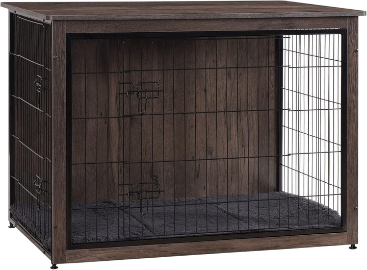 Dog Crate Furniture with Cushion, Wooden Kennel Table with Double Doors, Indoor Dog House, Small/Medium/Large/Extra Large Size, 27.2" L, Rustic Brown