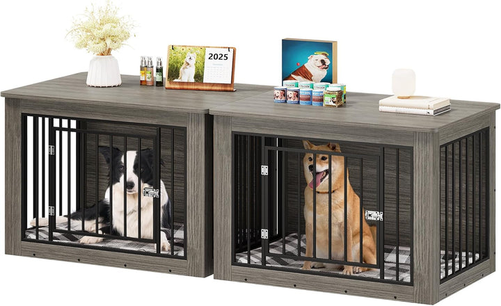 Dog Crate Furniture for Medium Dogs, Side End Table, Modern Dogs Kennel Indoor up to 35 Lb, 2-In-1 Iron-Wood Fusion Dog Cage with Waterproof Top, Safety Corners,Steel Lock,30" L,Greige