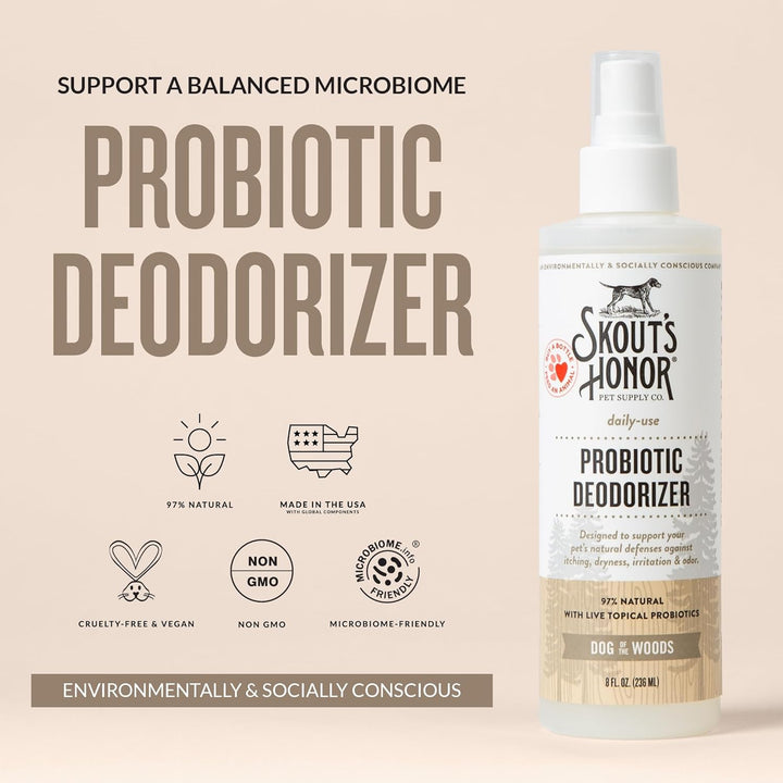 Probiotic Pet Deodorizer Spray- Hydrating Daily-Use with Avocado Oil & Omega-3S, Microbiome Friendly Certiified, Paraben & Sulfate-Free, 97% Natural, 8Oz, Dog of the Woods