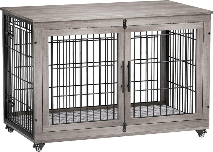 Dog Crate Furniture for Medium Dogs, 32'' Dog Kennel Indoor with Cushion & Wheels Wooden Dog Cage Double Doors Dog Crate End Table, Grey