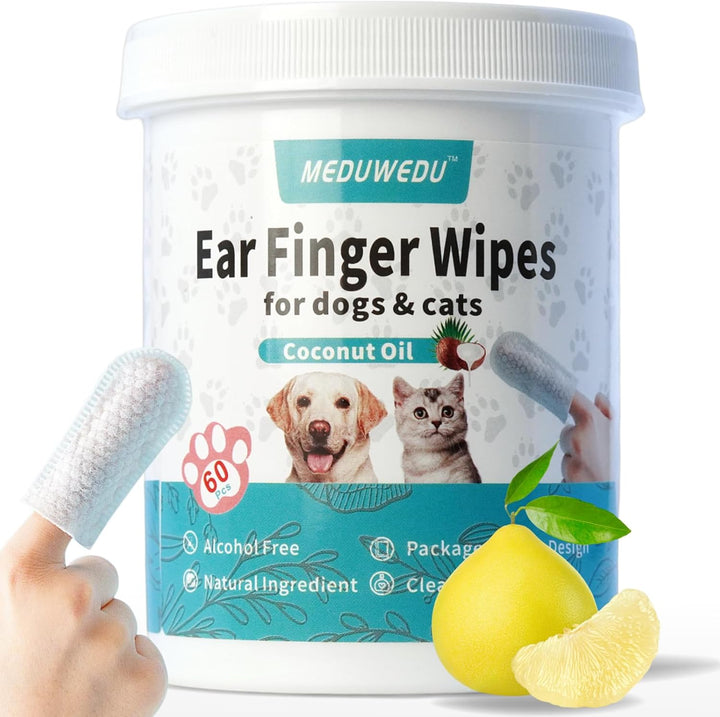 Ear Cleaner Finger Wipes 60 Counts, Dog Ear Cleaner, Grooming Kit Care for Dogs and Cats, Soft & Easy Otic Cleaning Pads, Remove Wax, Dirt & Stop Smelly, Itchy, Non-Irritating, Coconut Scent