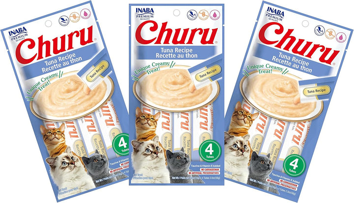 Churu Cat Treats, Grain-Free, Lickable, Squeezable Creamy Purée Cat Treat/Topper with Vitamin E & Taurine, 0.5 Ounces Each Tube, 4 Tubes, Tuna with Salmon Recipe