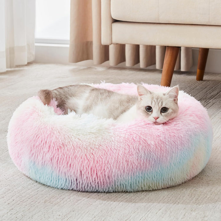 Calming Soft round Dog & Cat Bed, Anti-Anxiety Donut Cuddler Warming Cozy Fluffy Faux Fur Plush Cushion Bed for Small Medium Dogs and Cats (20"/24"/27"/30"), Light Grey