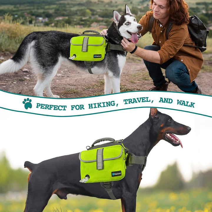 Dog Backpack for Medium Large Dogs, Dog Saddle Bag for Dogs to Wear, Harness Saddlebag with Reflective Safety Side Pockets for Hiking, Camping, Vest Dog Pack for Travel (Green, Medium)