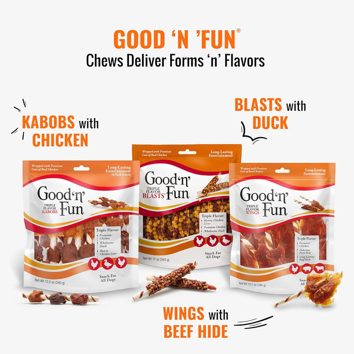 Good ‘N’ Fun Triple Flavor Wings Chews for All Dogs, 12 Ounces, Treat Your Dog to Long-Lasting Chews Made with Chicken, Pork Hide and Beef Hide