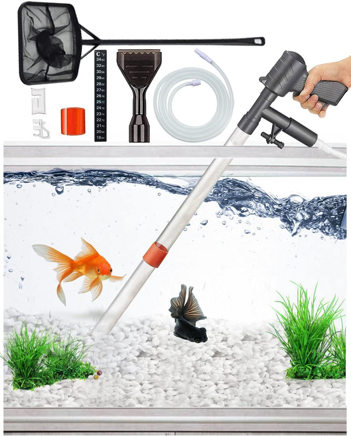 Aquarium Gravel Cleaner [2025 Edition] Vacuum Fish Tank Vacuum Cleaner Tools for Aquarium Water Changer with Aquarium Thermometers Fish Net Kit Use for Fish Tank Cleaning Gravel and Sand