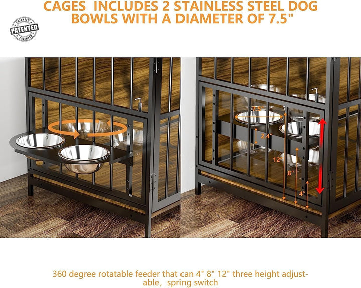 Furniture Style Large Dog Crate with 360° & Adjustable Raised Feeder for Dogs 2 Stainless Steel Bowls -End Table House Pad, Indoor Use,41" L X 24" W 36" H, Classic Brown