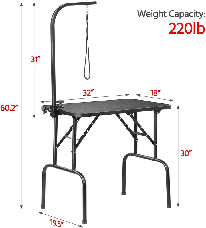 32-Inch Foldable Pet Dog Grooming Table with Adjustable Height Arm Drying Table for Home W/Noose for Small Dogs Cats Non-Slip Maximum Capacity up to 220Lbs Black