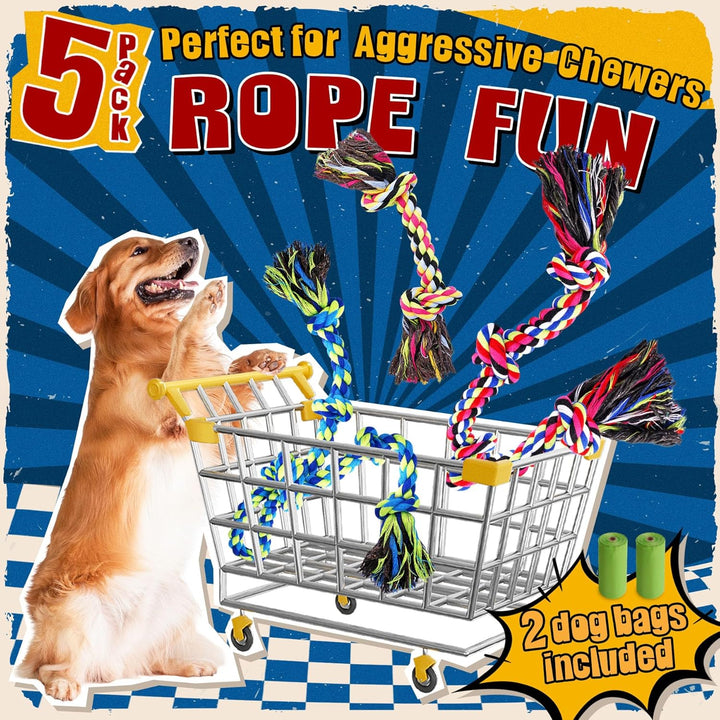 Heavy Duty Dog Toy for Aggressive Chewers – Tough Chew Toys for Large Dogs, Ideal for Tug-Of-War & Teeth Cleaning, with 3 Rope Toys & 2 Dog Bags