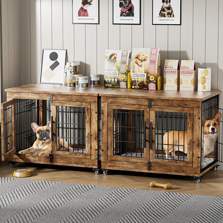 Dog Crate Furniture for Medium Dogs, 32'' Dog Kennel Indoor with Cushion & Wheels Wooden Dog Cage Double Doors Dog Crate End Table, Grey