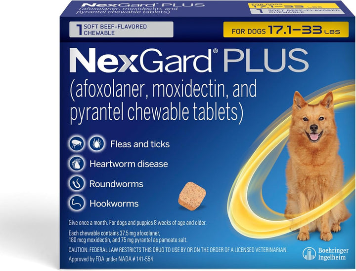 plus (Afoxolaner, Moxidectin, and Pyrantel) Flea and Tick Protection & Heartworm Preventive for Dogs Soft Beef Flavored Chewables, 33.1-66 Lbs. (Purple) 6 Chews (6 Month Supply)