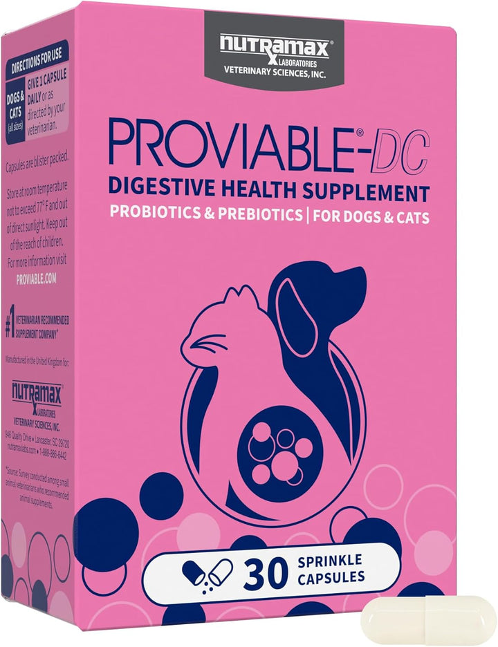 Nutramax Proviable Probiotics for Dogs and Cats, Daily Digestive Health Supplement with Multiple Strains of Bacteria, Cat and Dog Probiotics plus Prebiotics, 80 Capsules