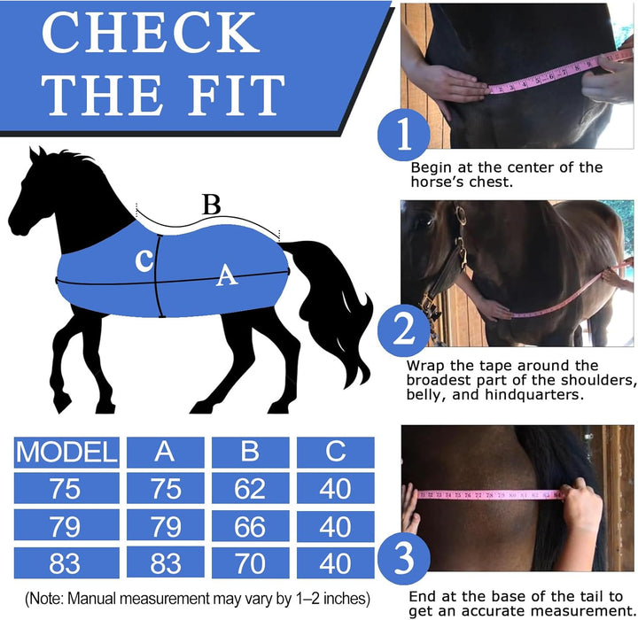 Horse Blankets Winter for Real Horses, 1200D Waterproof Poly Rain Sheets with Neck Cover Belly Wrap Tail Wrap Turnout Blanket, Horses Stuff Care Medium Large Weight Heavy Outdoor Clothes Blue 75 Inch