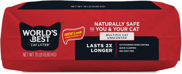 Multiple Cat Unscented, 15-Pounds - Natural Ingredients, Quick Clumping, Flushable, 99% Dust Free & Made in USA - Long-Lasting Odor Control & Easy Scooping