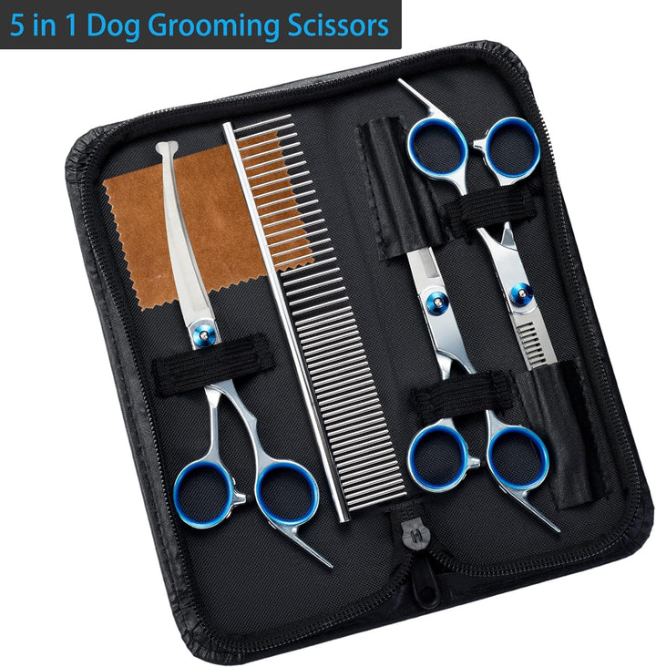 5 in 1 Premium Dog Grooming Scissors, Professional Dog Scissors for Grooming with Safety round Tips,  Stainless Steel Thinning Shears, Pet Cat Shears for Grooming Kit