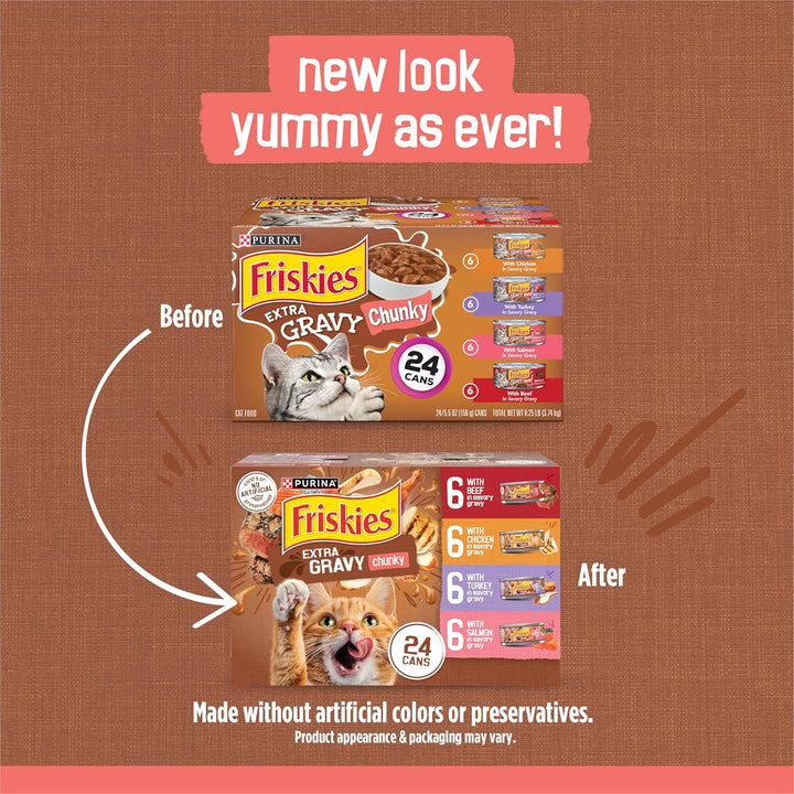 Purina  Extra Gravy Wet Cat Food Chunky 24Ct Variety Pack (With Chicken, Turkey, Salmon, Beef) - (Pack of 24) 5.5 Oz. Cans