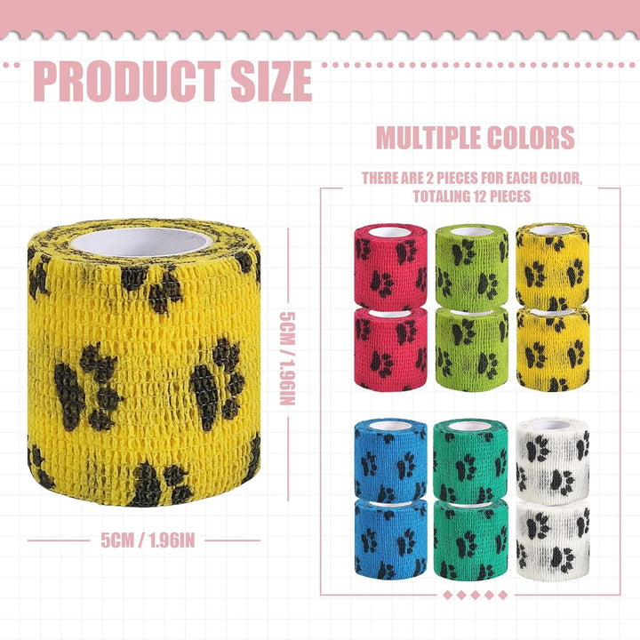 Vet Wrap for Dogs,Bandage Wrap,12Pcs 2 Inches X 5 Yards Pet Prewrap Cohesive Bandages Bulk Self Adhesive Dog Paw Protector for Horse, Cat, Bird, Pet Animal