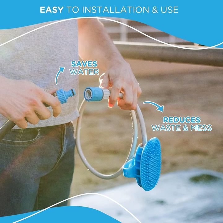 5-In-1 Horse & Dog Bath Brush & Curry Comb - XL Blue Silicone - Includes 3-Ft Shower Hose Attachment & Adapter - Adjustable Spray Scrub Massager - Dog Grooming Supplies