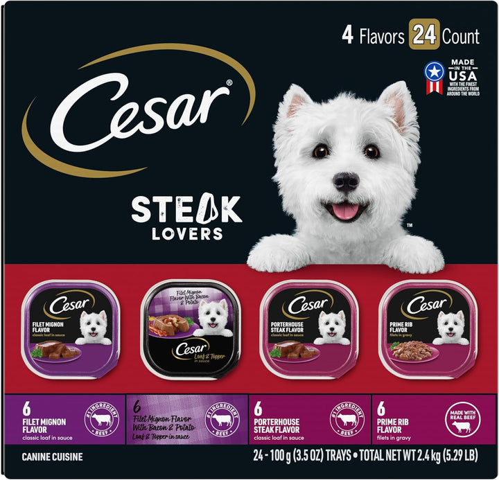 Wet Dog Food Steak Lovers Variety Pack with Real Meat, 3.5 Oz. Trays (36 Count, Pack of 1)