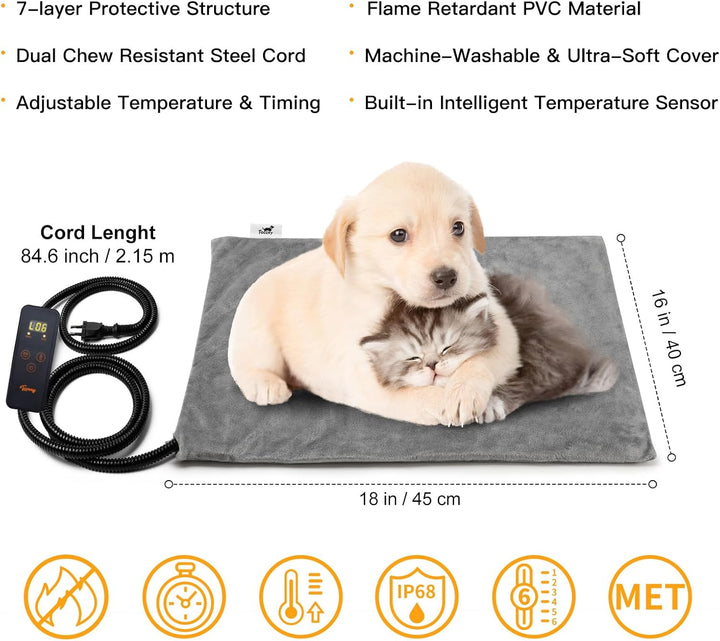 Small Pet Heating Pad, 6 Adjustable Temperature Dog Cat Heating Pad with Timer, Waterproof Heated Cat Bed with Chew Resistant Cord, Indoor Electric Pet Heated Mat 18X16In