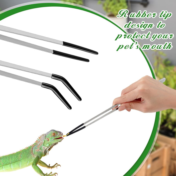 2 Pcs Extra Long Stainless Steel Reptile Feeding Tongs with Rubber Tip Bearded Dragon Aquarium Straight and Curved Long Tweezer Terrarium Feeder Tool for Tank(Silver, 10 Inch, 10.5 Inch)
