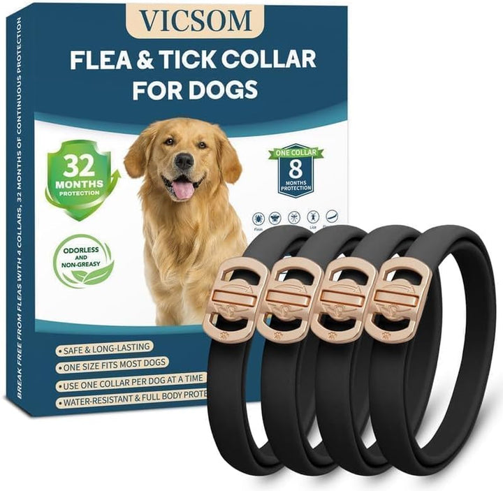 Flea and Tick Collar for Dogs 4 Pack, 32 Months Prevention, Waterproof, Adjustable for Small Medium Large Dogs Puppies (Black)