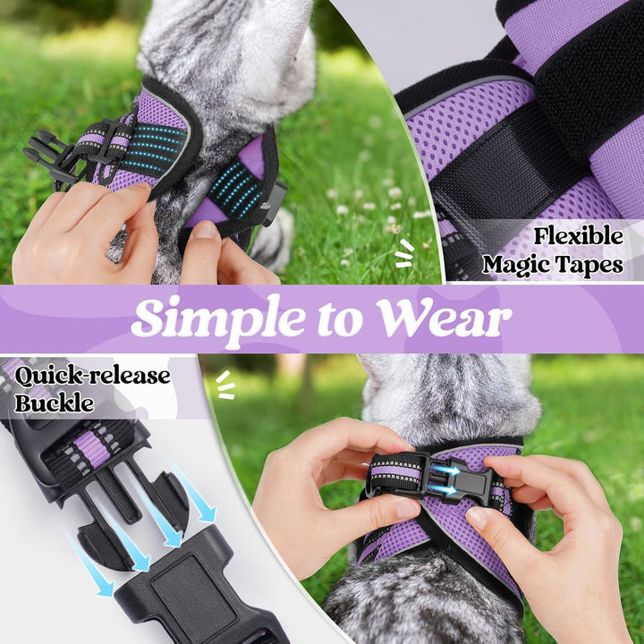 Cat Harness and Leash Set for Walking Escape Proof, Adjustable Soft Kittens Vest with Reflective Strip for Cats, Comfortable Outdoor Vest, Light Purple, S
