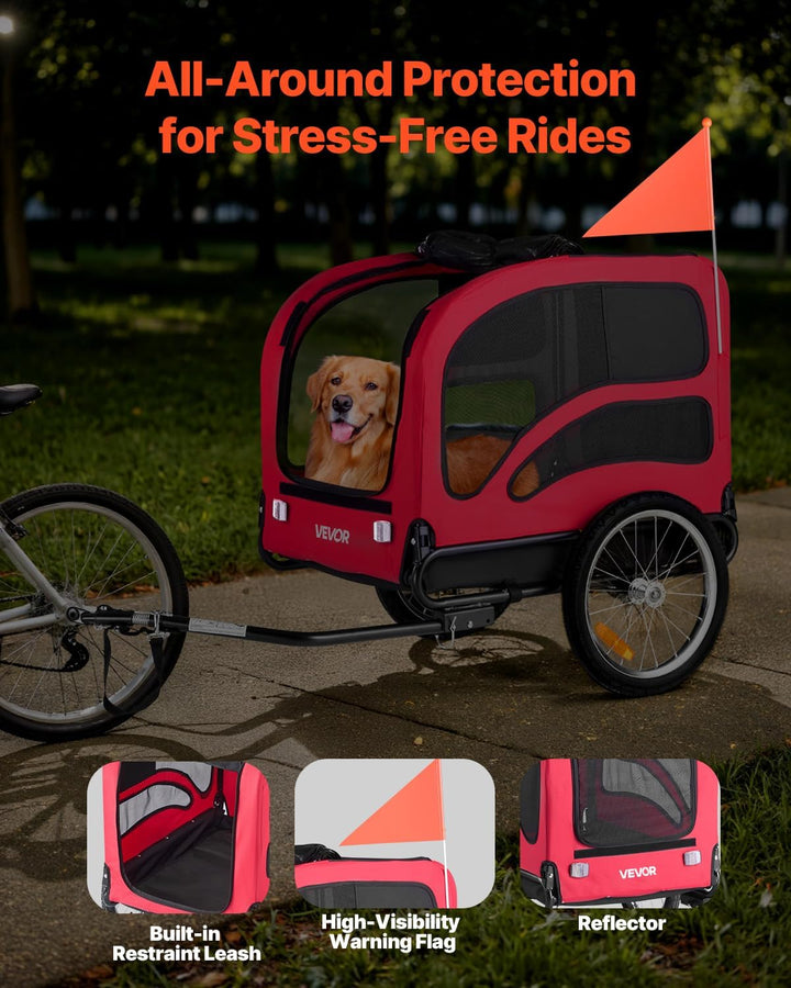 Dog Bike Trailer, Supports up to 100 Lbs, Pet Cart Bicycle Carrier, Easy Folding Frame with Quick Release Wheels, Universal Bicycle Coupler, Reflectors, Flag, Collapsible to Store