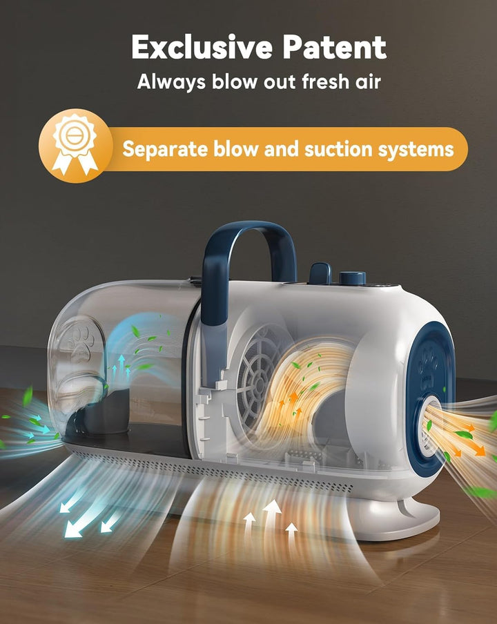 Dog Vacuum & Dryer for Shedding Grooming, 8 in 1 Dog Grooming Kit with Metal Blades Pet Clippers, Adjustable Speed and Temperature Control Blower