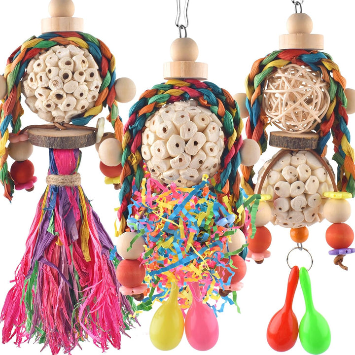 2PCS Bird Parrot Foraging Shredder Hanging Toys Sola Balls Sepak Takraw with Pacifier for Small Parrots Parakeets Conures Cockatiels Love Birds Cage Toy