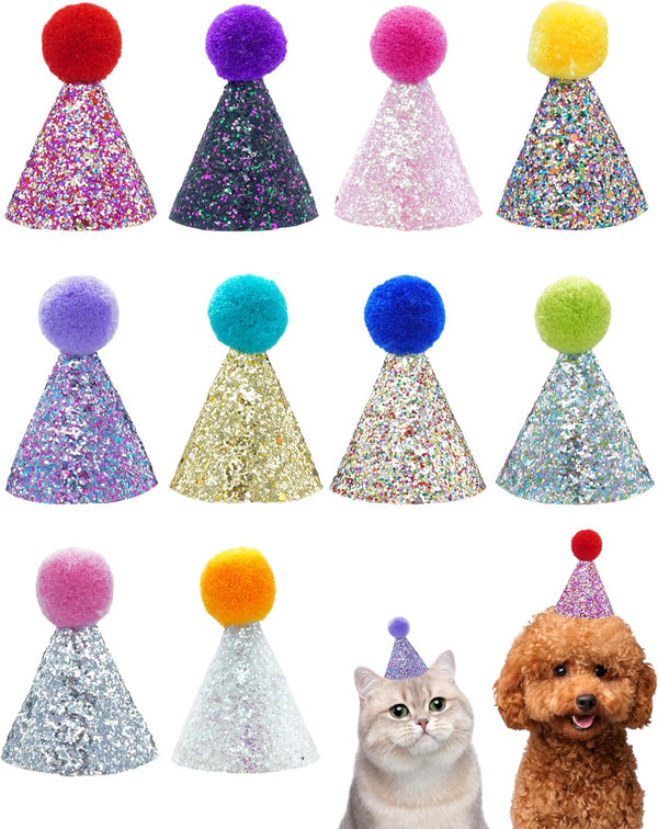 10 Pack Mini Small Dog Hats with Sequins Puppy Birthday Party Hats Cats Adjustable Holiday Hats Headband Kitten Hats Pet Grooming Costume Accessories