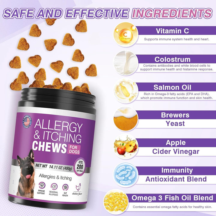 Dog Allergy Chews 200Pcs - Dog Allergy and Itching Skin Relief anti Itch Aller Immune Bites for Dogs Itching Licking Paws Treatment Relief Itchy Chew Probiotics Vitamins for Skin and Coat Allergies