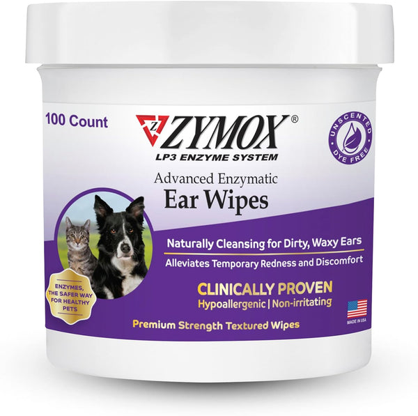 Advanced Enzymatic Ear Wipes for Dogs and Cats - for Dirty, Waxy, Smelly Ears - Premium Strength Ear Cleaner Wipes - Non-Irritating - Hypoallergenic - 100 Ct
