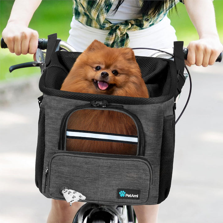 Dog Bike Basket, Soft-Sided Ventilated Dog Bike Carrier Backpack, Pet Bicycle Basket for Bike Handlebar, Small Medium Puppy Cat Kitten Car Booster Seat with Safety Strap, Max 18 Lbs, Dark Gray