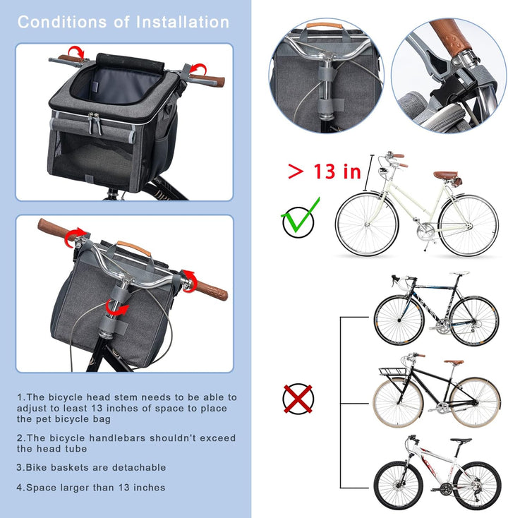 Dog Bike Basket, Soft-Sided Dog Bike Carrier with 4 Mesh Windows for Small Dog Cat Puppies - Grey