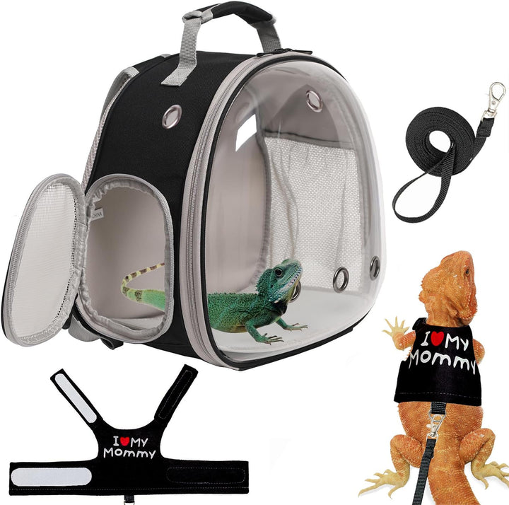 Bearded Dragon Carrier Backpack with Security Printing Harness Leash Set, Reptile Lizard Space Capsule Astronaut Clear Bubble Window Travel Carrier for Small Animal Guinea Pig(Black, Security Harness)