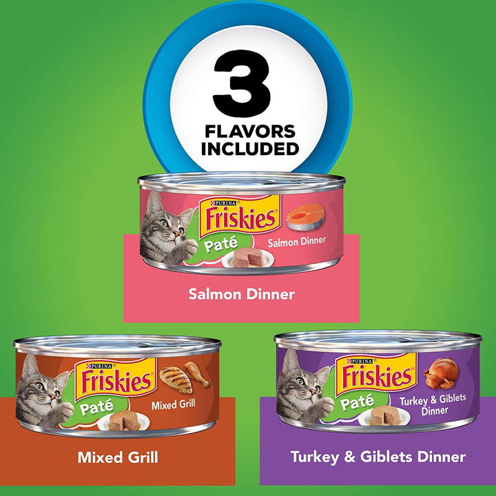 Purina  Wet Cat Food Pate Variety Pack Salmon Dinner, Turkey and Giblets Dinner and Mixed Grill - (2 Packs of 12) 5.5 Oz. Cans