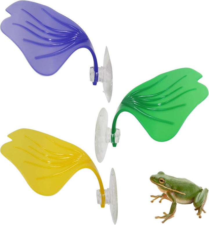3 Pack Plastic Leaf Decorations with Suction Cups, Frog Habitat Platform, Reptile Decorations for Terrarium, Tank Terrarium Accessories for African Dwarf, Toad