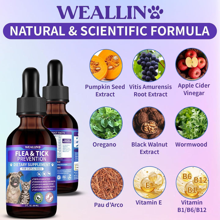 Flea and Tick Support for Dogs and Cats Natural Flea Treatment Drops with Multivitamin for Pets Oral Flea & Tick Prevention for Dogs and Cats Flea Herbal Drops for All Breeds and Ages