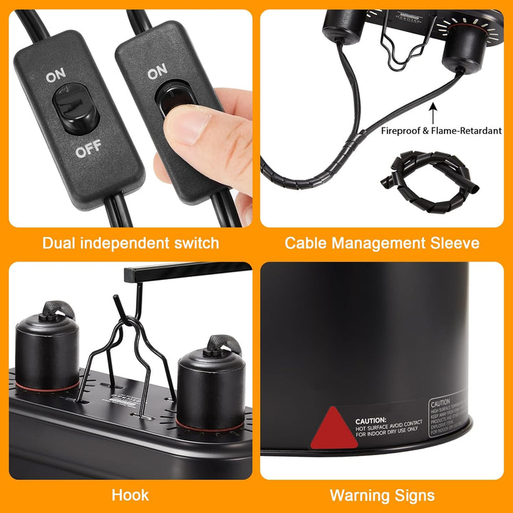 Dual Reptile Light Fixture with Switches, Reptile Heat Lamp Fixture, Reptiles Terrarium UVB Bulb Fixture for Bearded Dragon, Max 160W Each (Bulb Not Included)