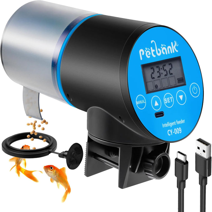 Automatic Fish Feeder for Aquarium - Rechargeable Fish Food Auto Dispenser Vacation Turtle Feeder with USB Charger Cable，Lcd Screen, Customized Schedule，Black